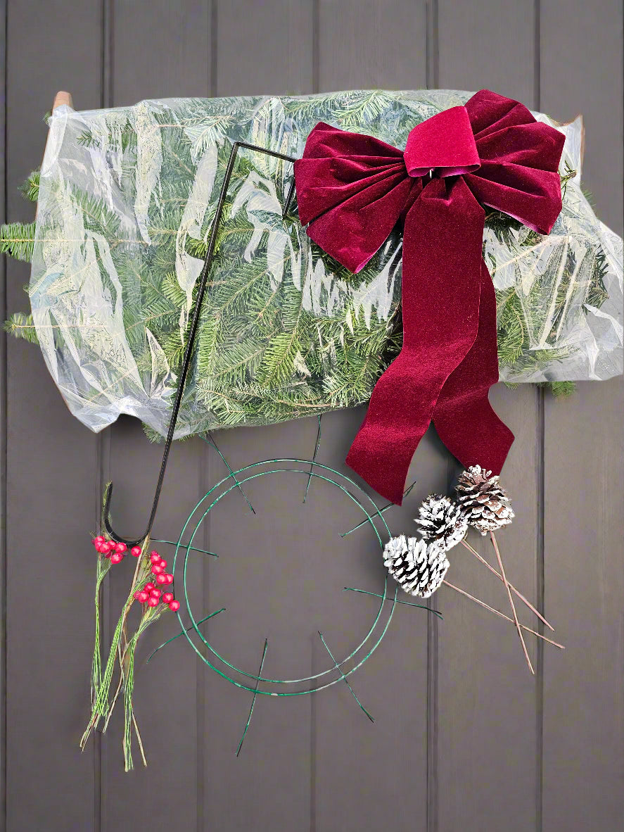 DIY 18" Christmas Wreath Kit – Fresh Balsam with Bow, Pinecones & Berries